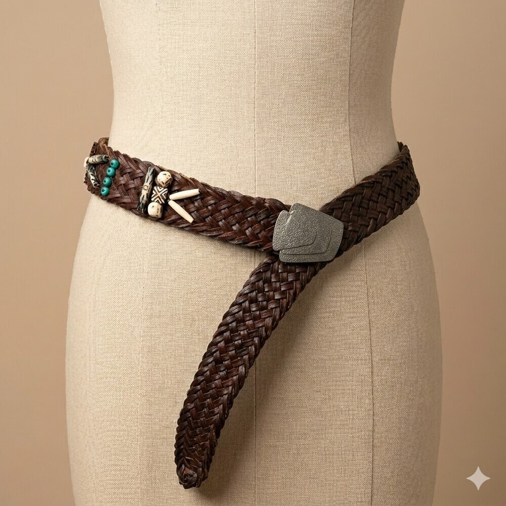 Boho Braided Brown Leather Belt Tribal Beaded Bone Accents One size adjustable